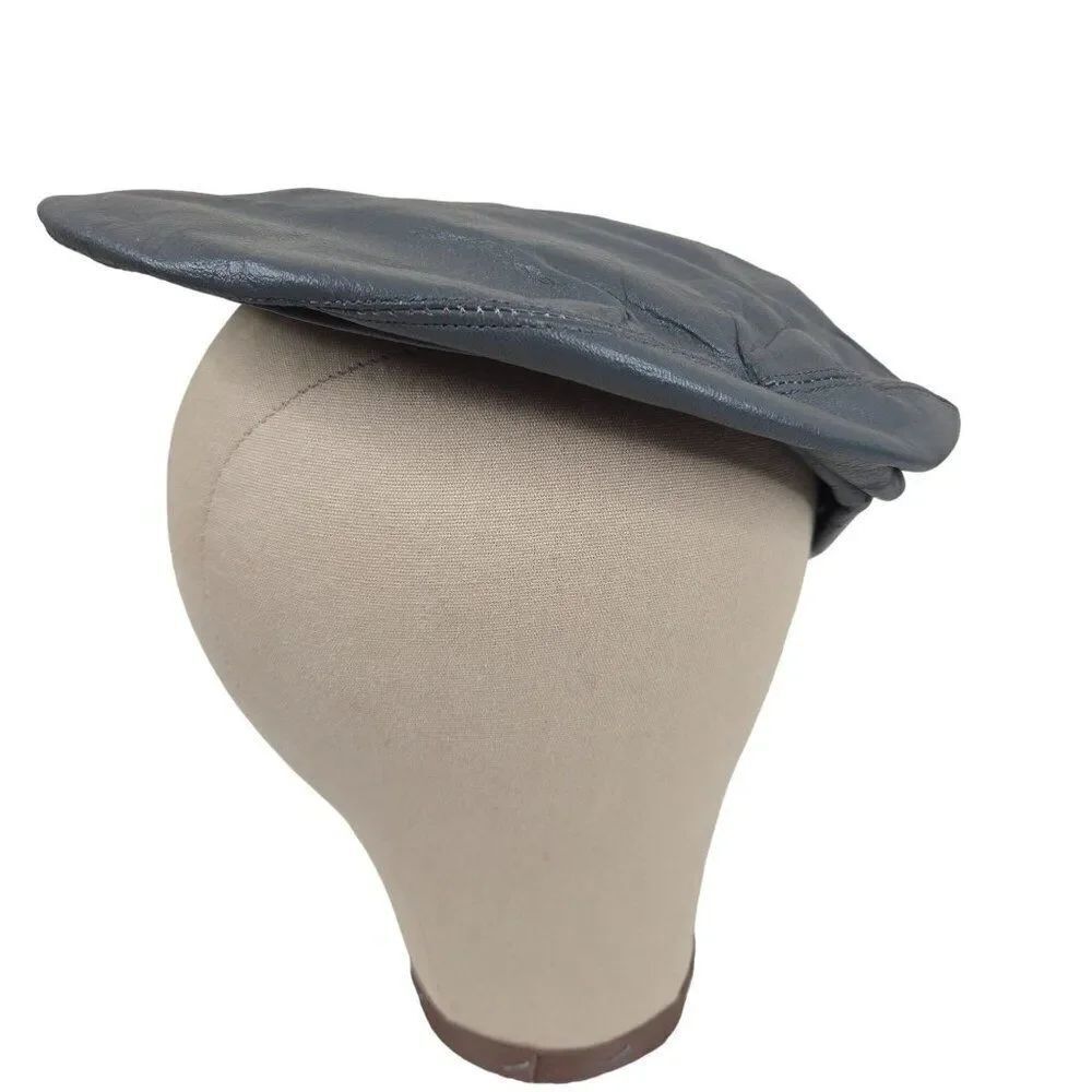 Vintage 70s Genuine Leather Flat Newsboy Cabbie Cap Hat Small Gray Snap Brim